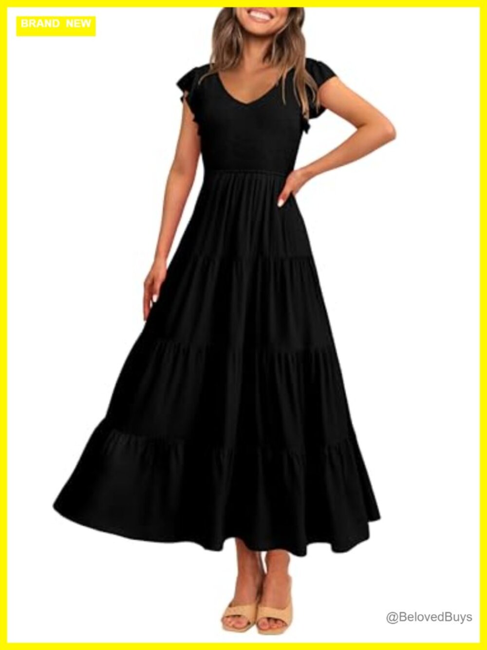 Smocked Flowy Maxi Dress V-Neck Cap Sleeve A-Line 100% Viscose Summer